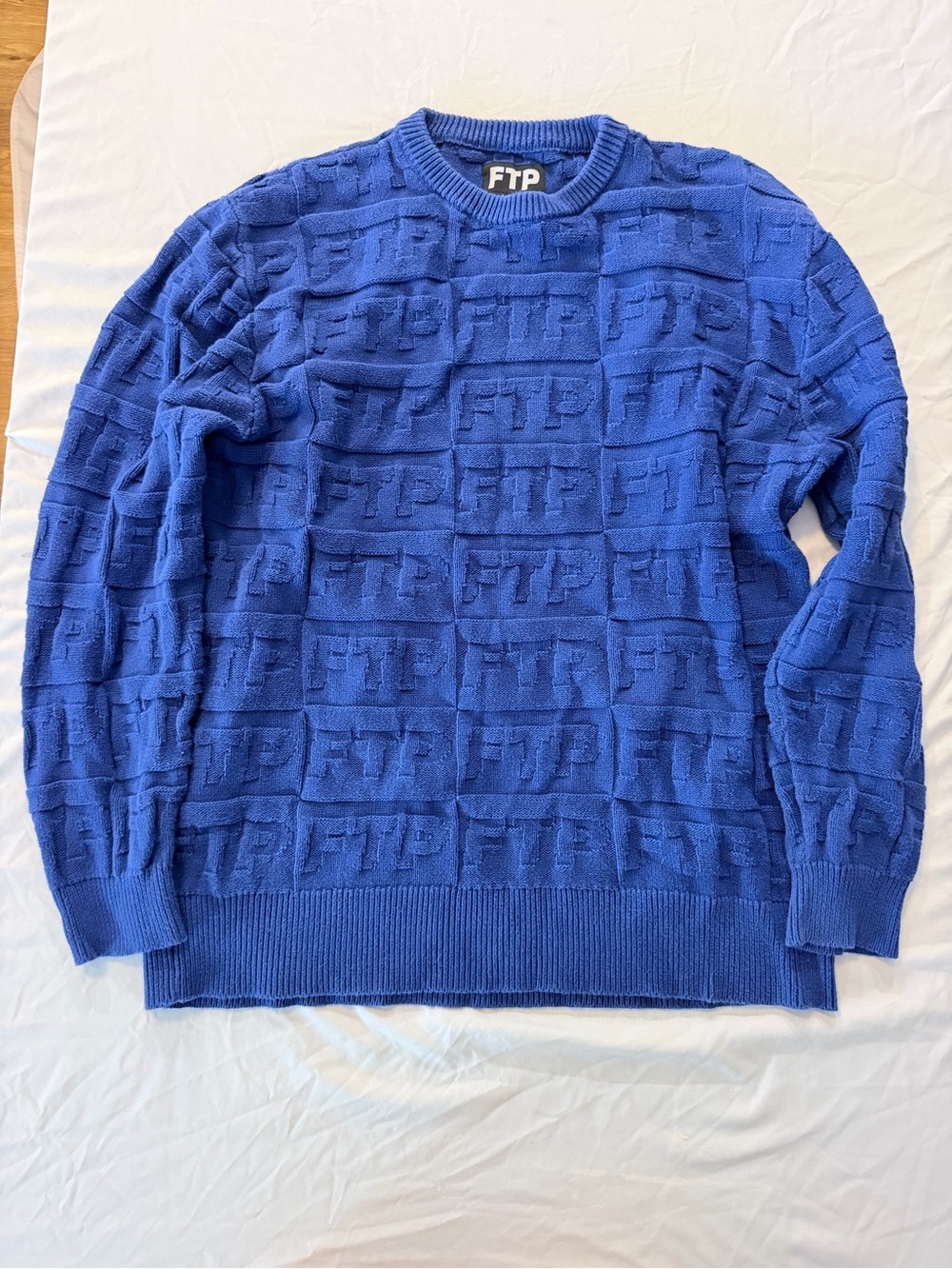 FTP Royal Blue Crewneck Knit Sweater with Raised Logo Pattern